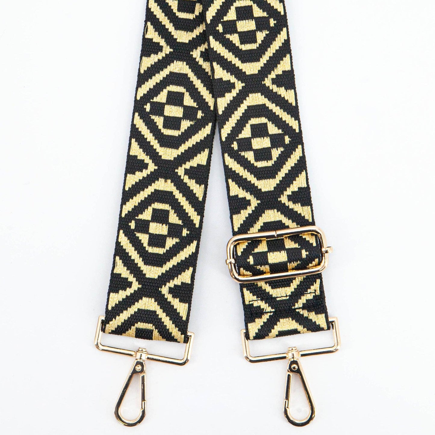 Gold Ikat Print Jacquard Woven Wide Bag Strap in Black: One-size