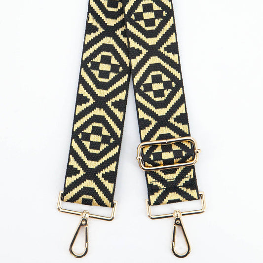 Gold Ikat Print Jacquard Woven Wide Bag Strap in Black: One-size