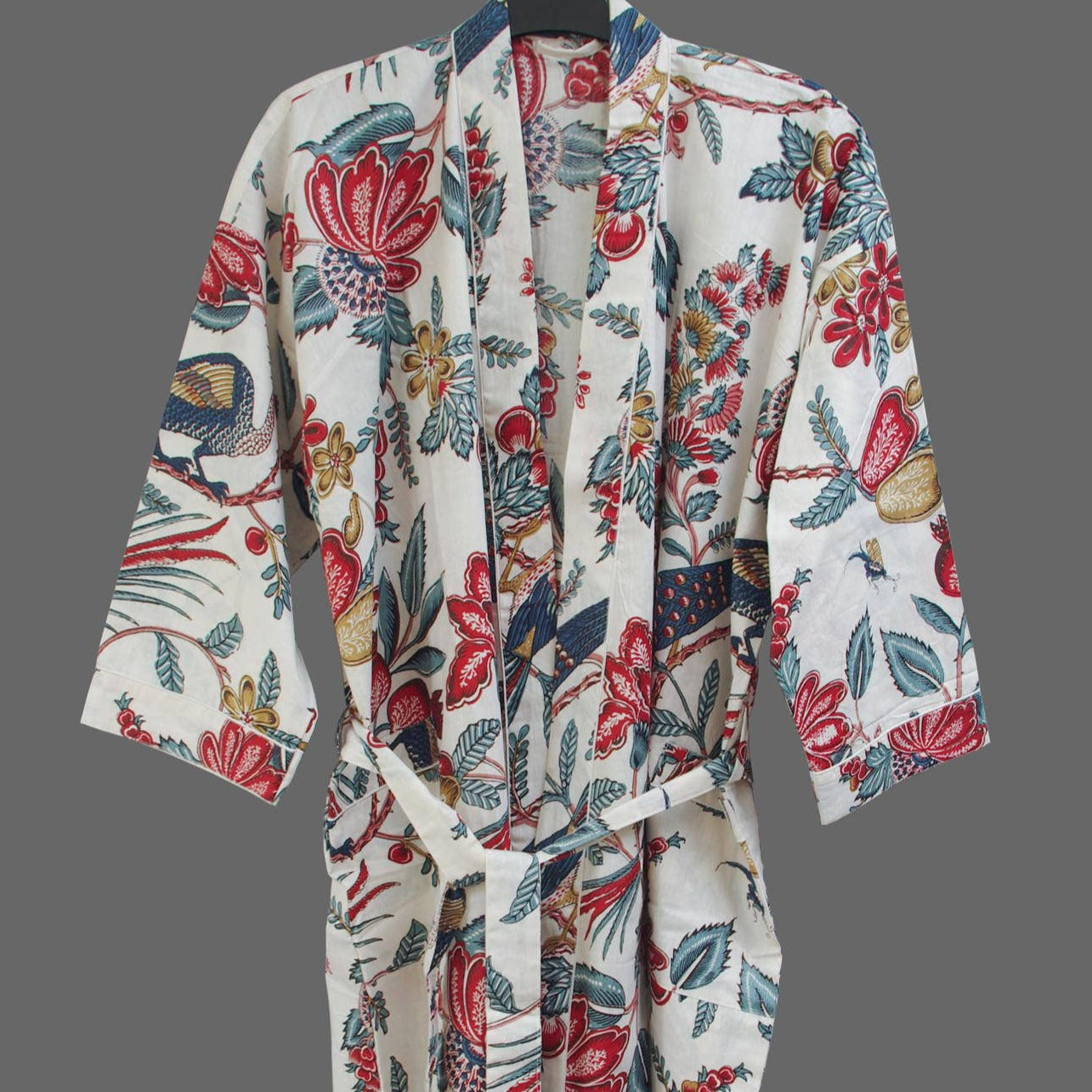 Cotton Kimono Dressing Gown Robe - Tropical Birds On White