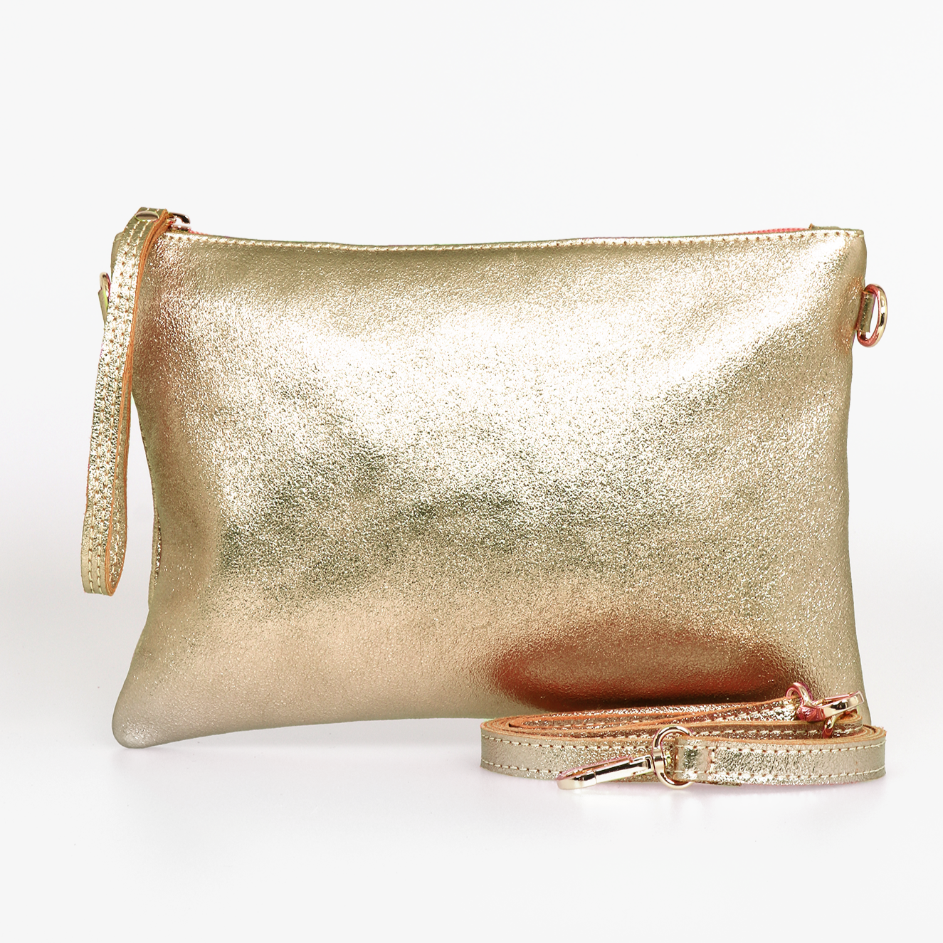 Gold Large Leather Wristlet Clutch Bag