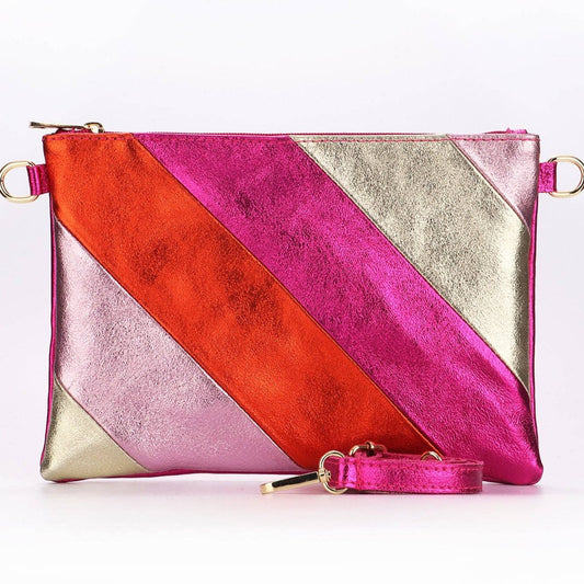 Italian Leather Clutch Bag with Strap Pink Rainbow: One-size