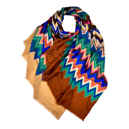 Zigzag Print Colourful Scarf on Cotton Mix Material