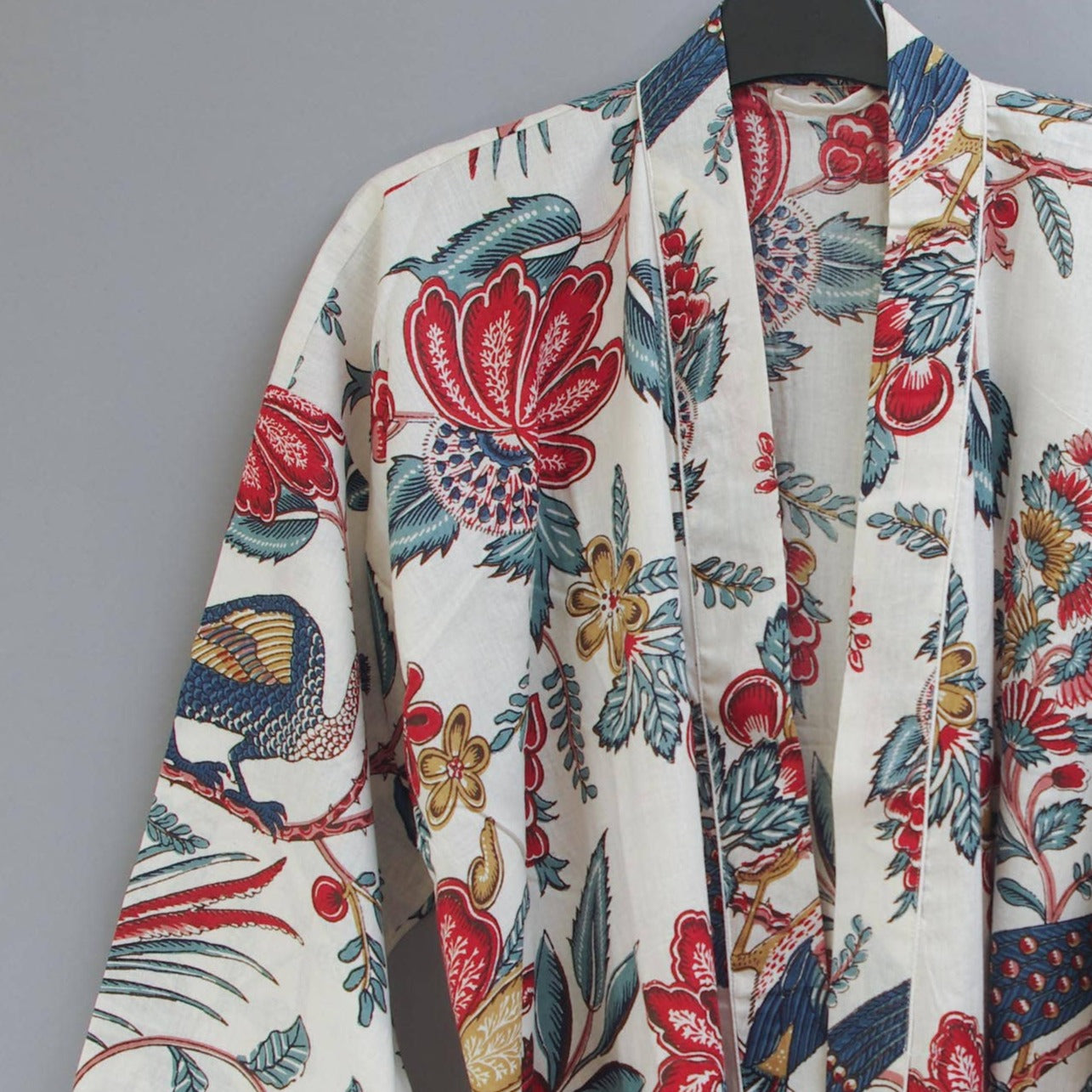 Cotton Kimono Dressing Gown Robe - Tropical Birds On White