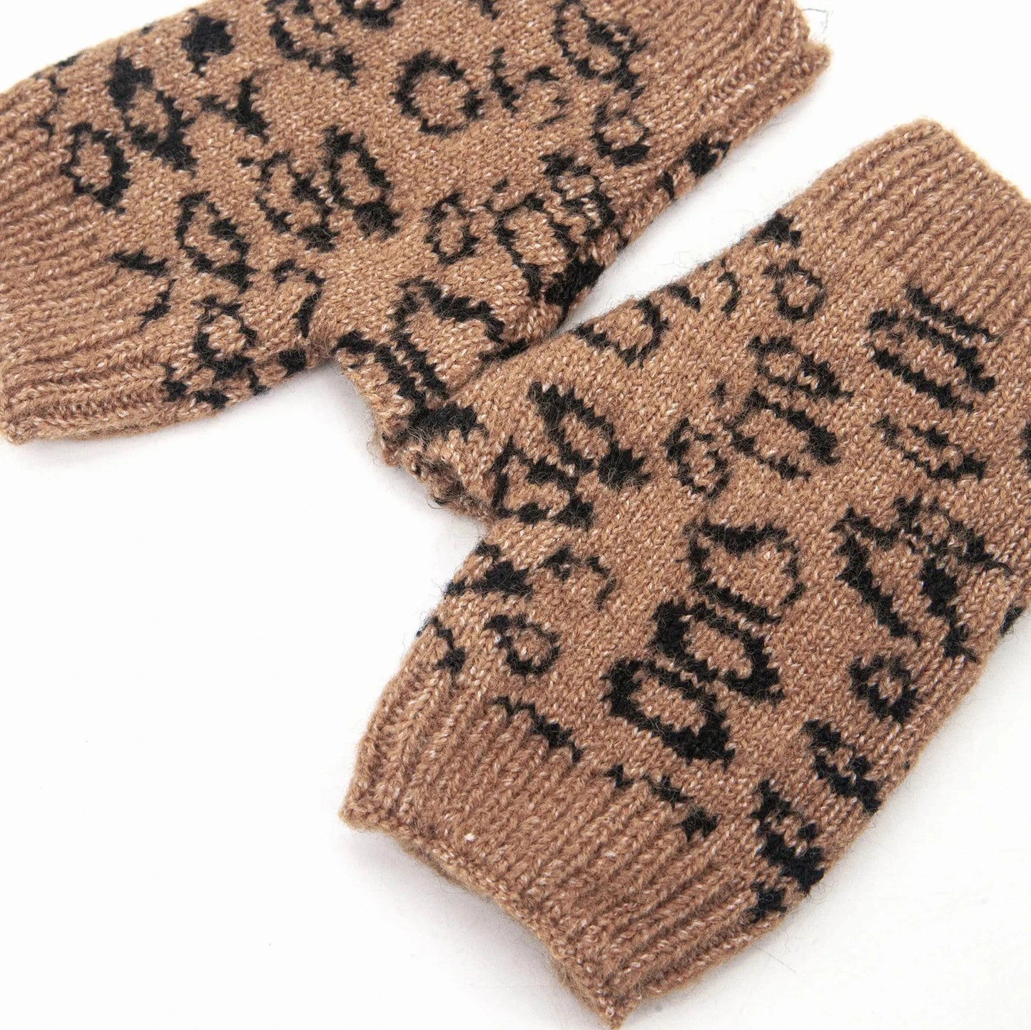 Knitted leopard print fingerless mitten gloves