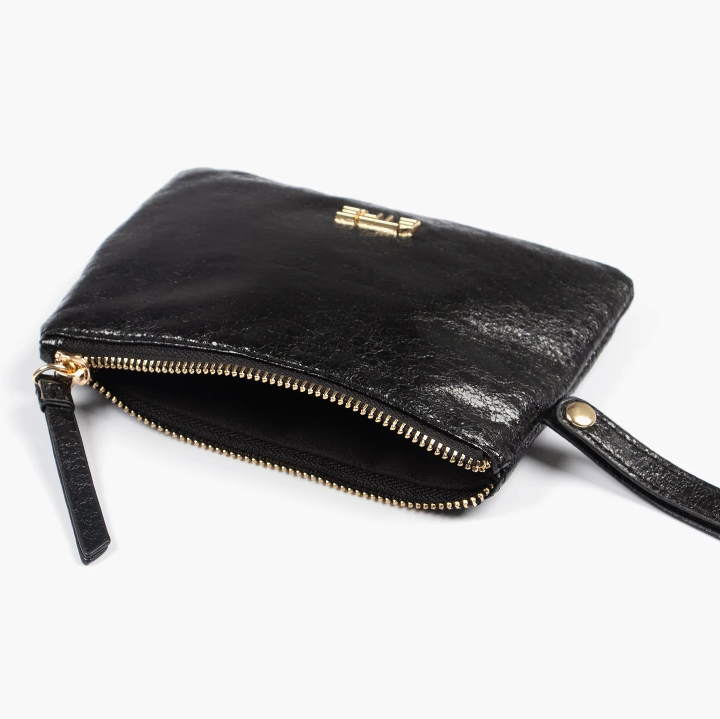 Black Wristlet Purse - Cracked Metallic Faux Leather