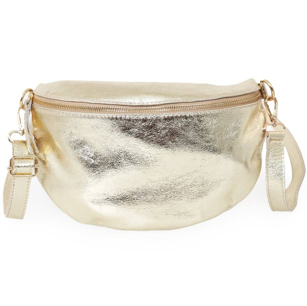 Gold Large Italian Leather Half Moon Crossbody Bag