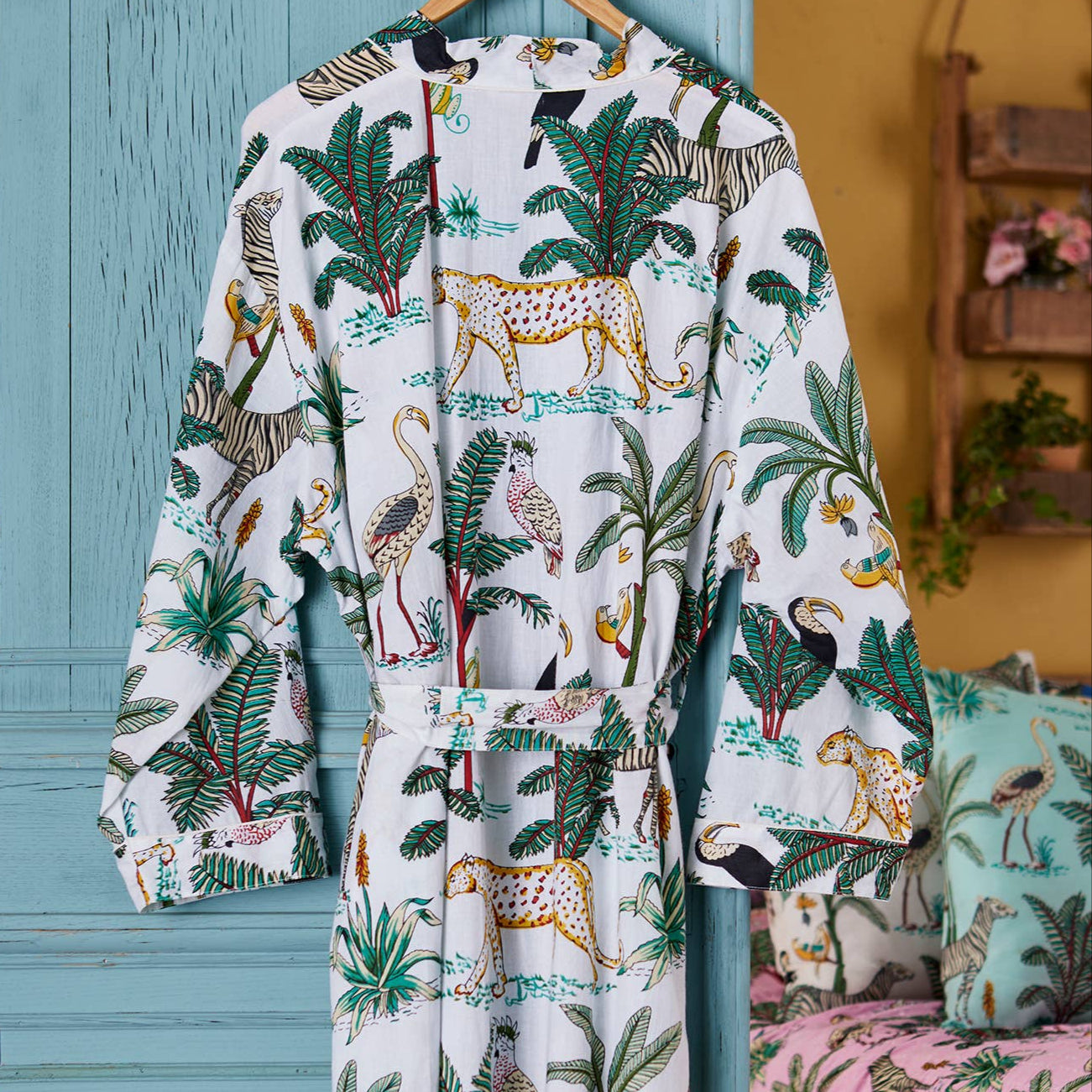 White Jungle Print Dressing Gown - 100% Cotton