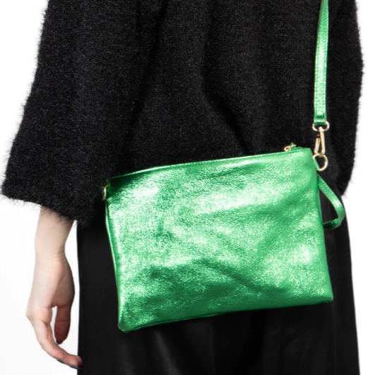 Green Large Leather Wristlet Clutch Bag