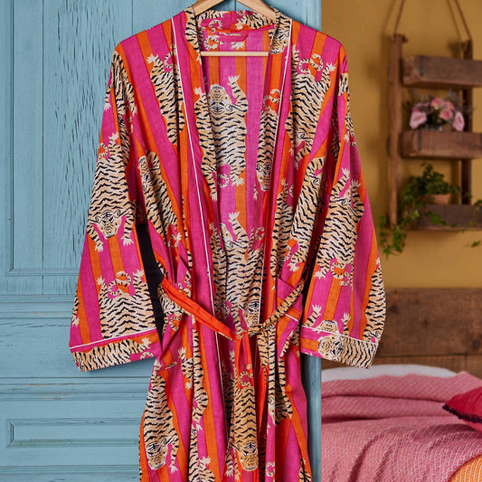 Pink Tiger Stripe Dressing Gown - 100% Cotton