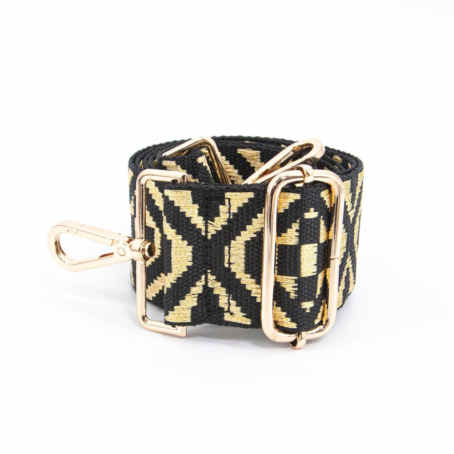 Gold Ikat Print Jacquard Woven Wide Bag Strap in Black: One-size