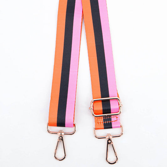 Bold Colour Triple Stripe Bag Strap in Pink, Black & Orange: One-size