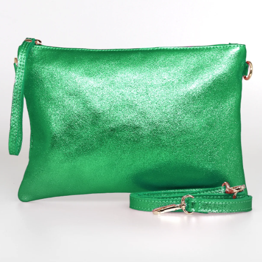 Green Large Leather Wristlet Clutch Bag