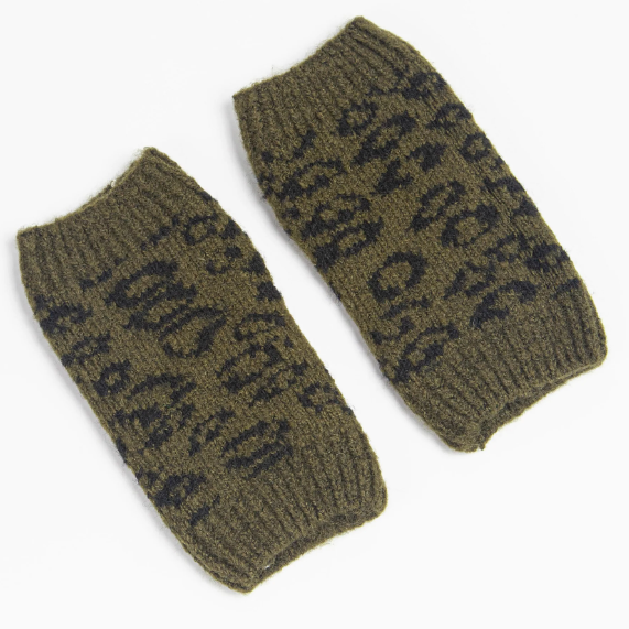 Knitted Green leopard print fingerless mitten gloves