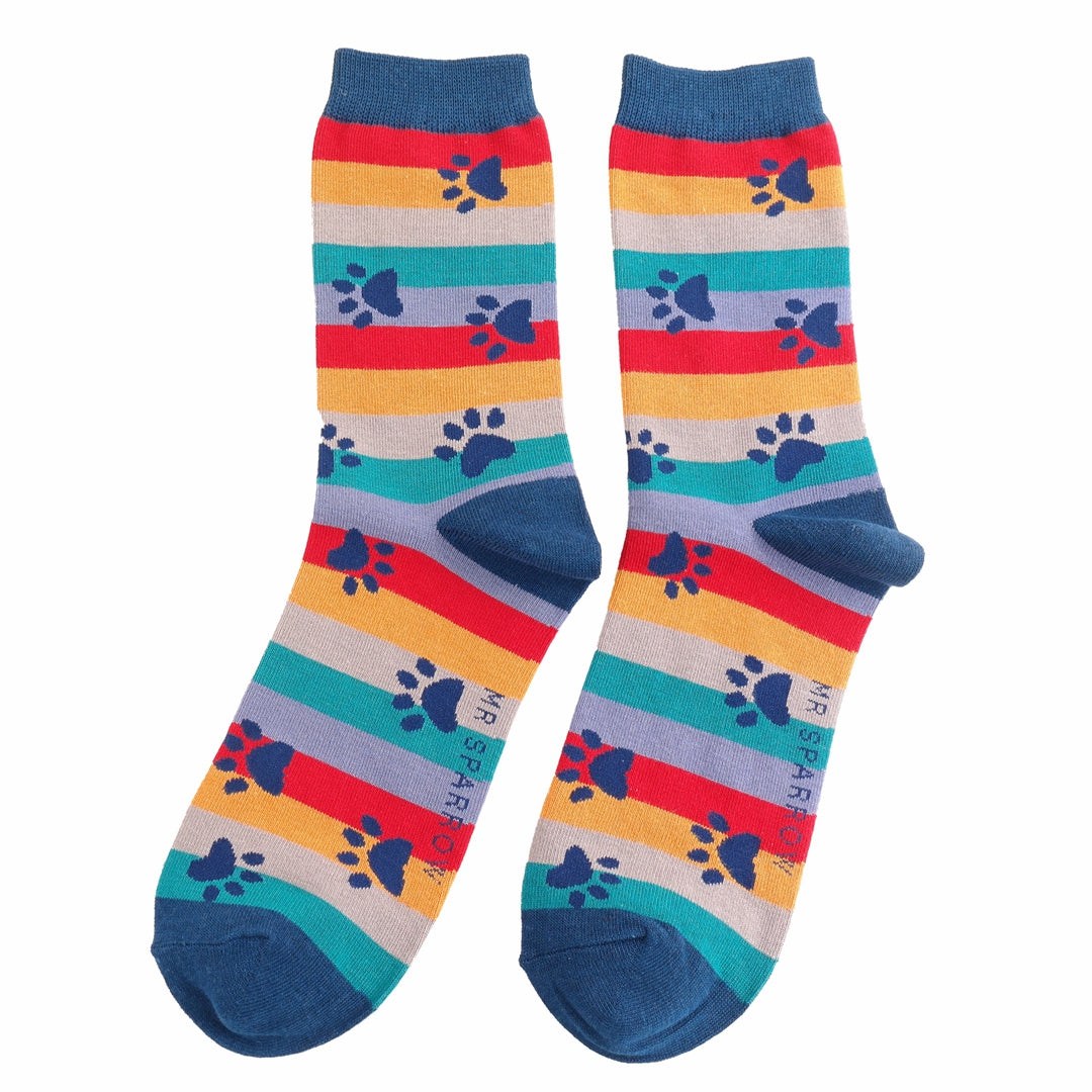 Paw Prints & Stripes Navy Bamboo Socks