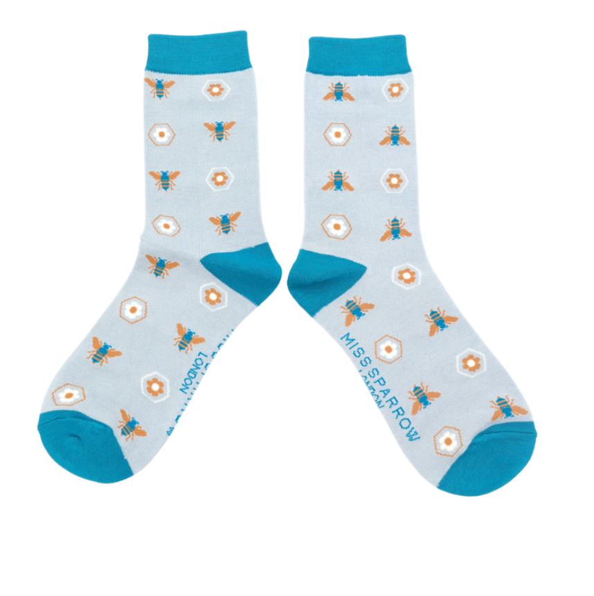 Retro Bees Light Blue Bamboo Socks