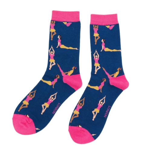 Yoga Poses Navy Bamboo Socks